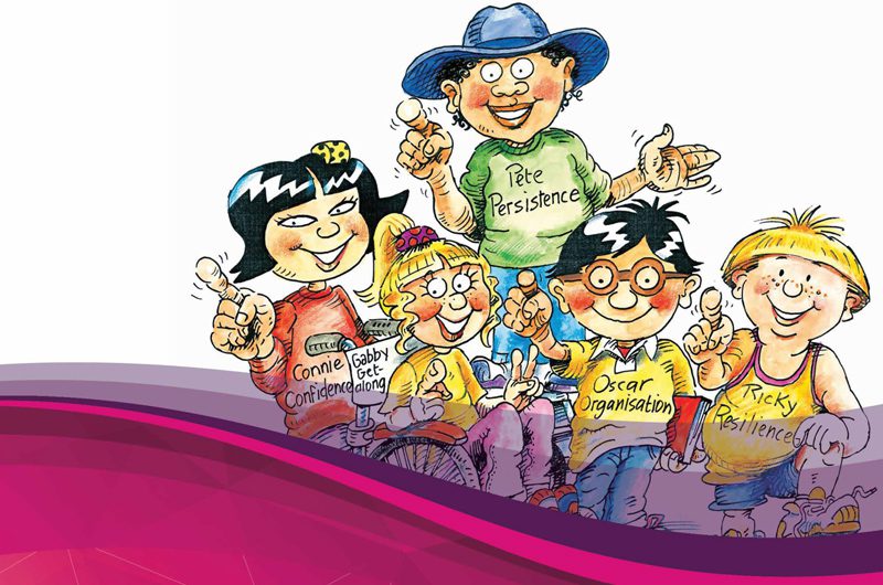 You Can Do It! Education Program Achieve Early Childhood. 5 characters representing the 5 SELs: Connie Confidence, Gabby Get Along, Oscar Organisation, Pete Persistence, Ricky Resilience